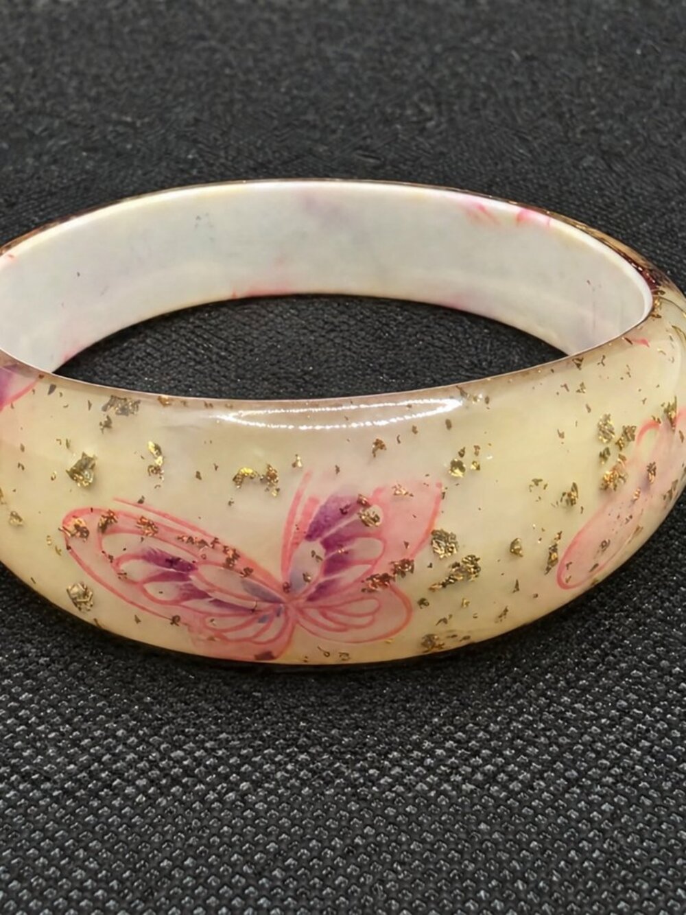 Resin Butterfly Floral Bangle Bracelet Ivory Gold Flake Pink Purple Boho Cottage